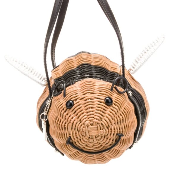 Kate Spade Down the Rabbit Hole Wicker Bee handbag in natural and black wicker - Picture 5 of 14